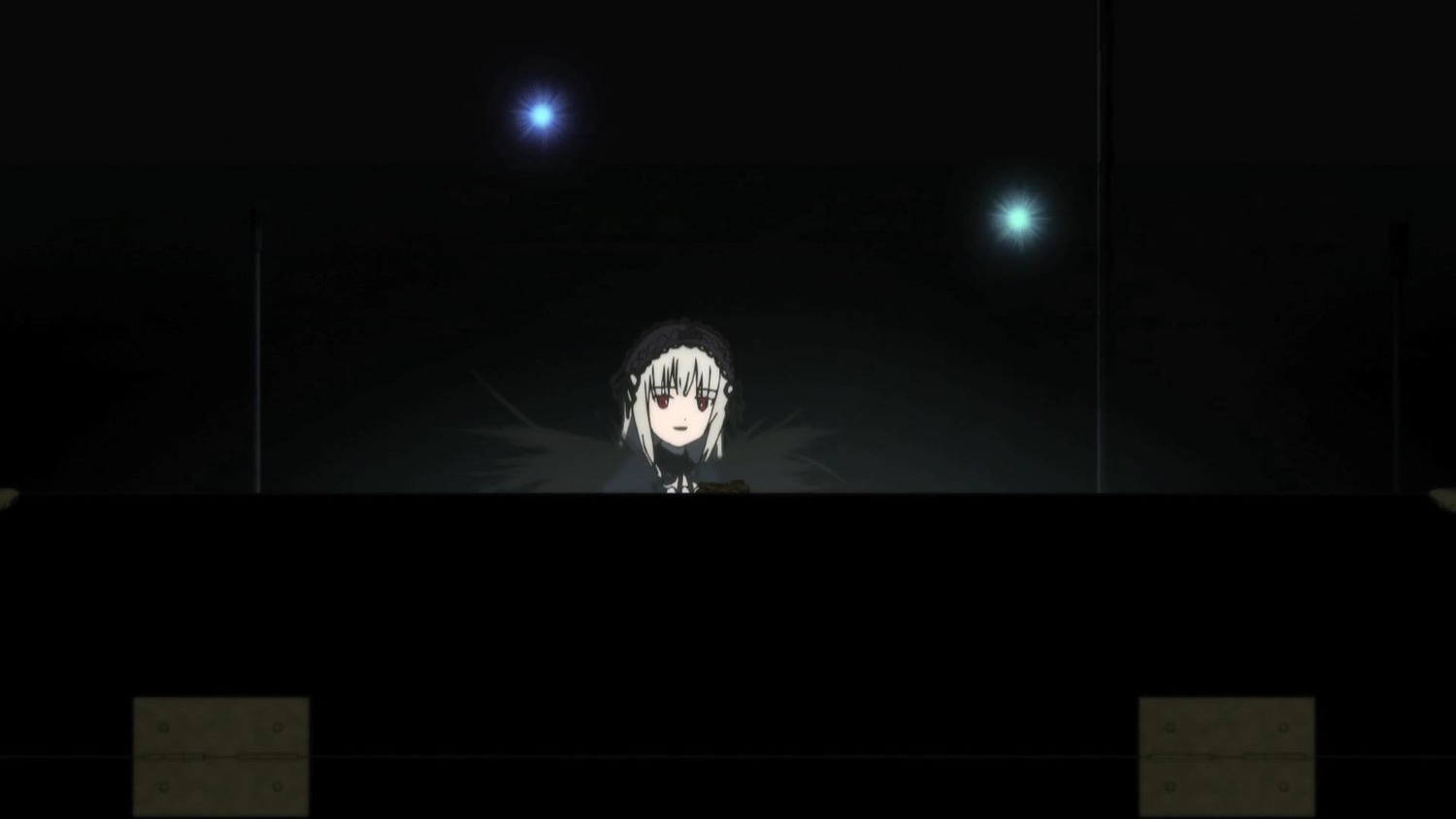 1girl black_background hair_ribbon image looking_at_viewer maid_headdress ribbon silver_hair solo suigintou