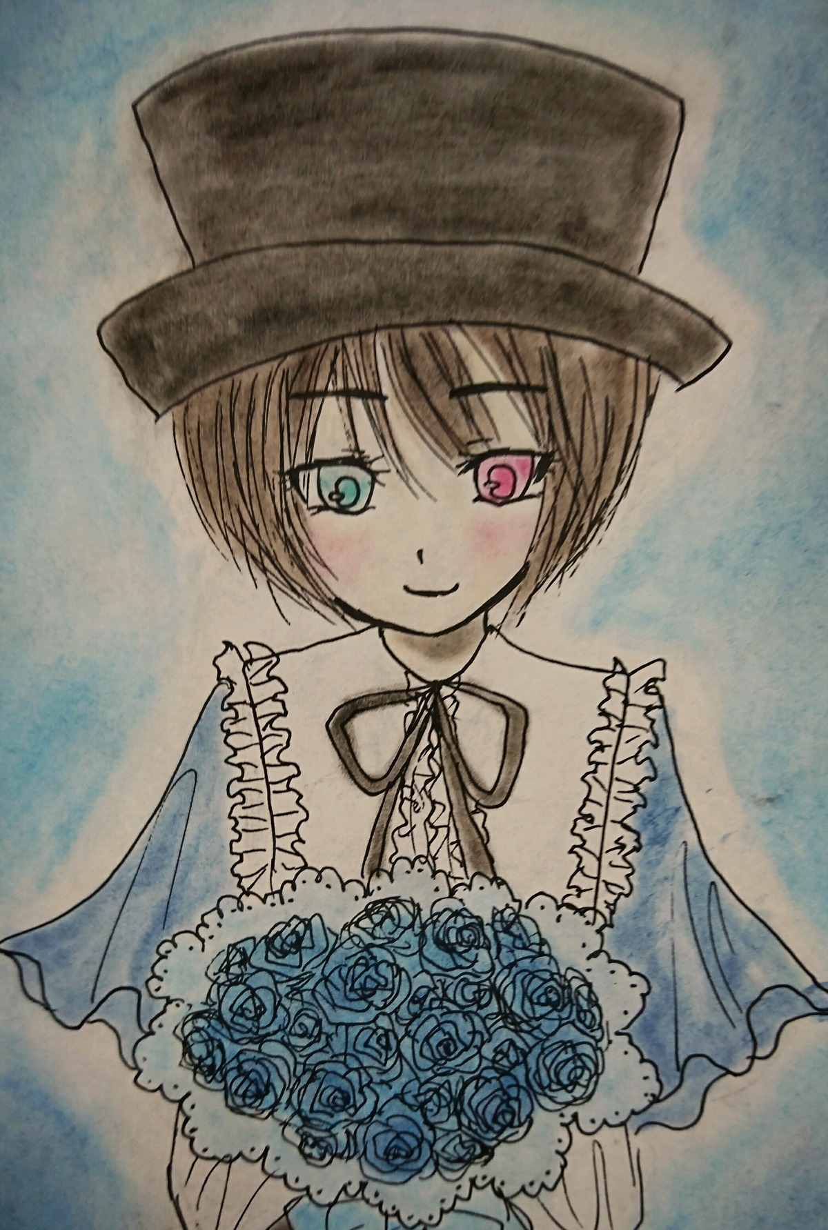 1girl blue_flower blue_rose bouquet brown_hair flower hat heterochromia holding image long_sleeves looking_at_viewer red_eyes rose short_hair smile solo souseiseki traditional_media upper_body