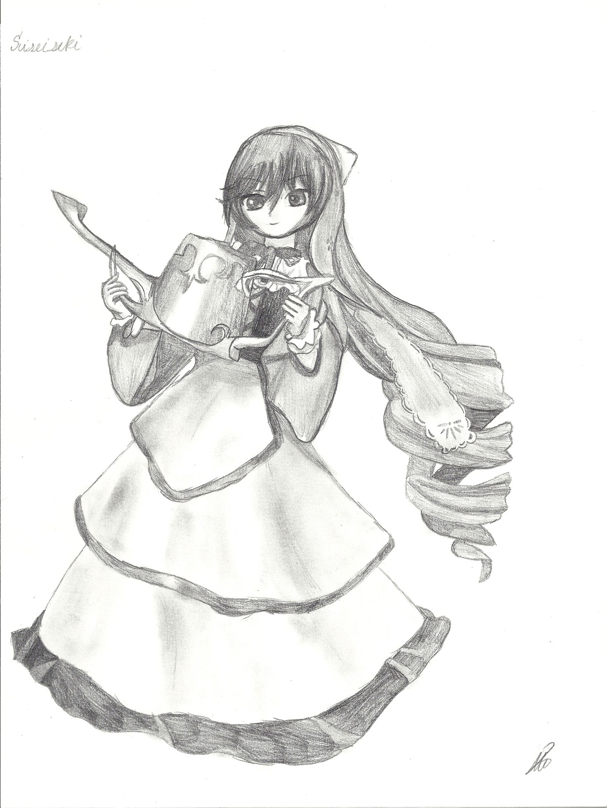 1girl artist_name dated dress drill_hair greyscale hat image long_hair long_sleeves looking_at_viewer mermaid monochrome signature simple_background smile solo striped suiseiseki traditional_media twin_drills very_long_hair white_background