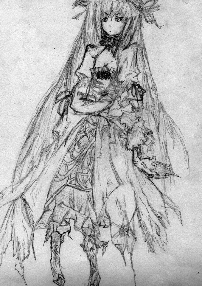 1girl barasuishou dress greyscale hat image long_hair monochrome sketch solo torn_clothes traditional_media very_long_hair