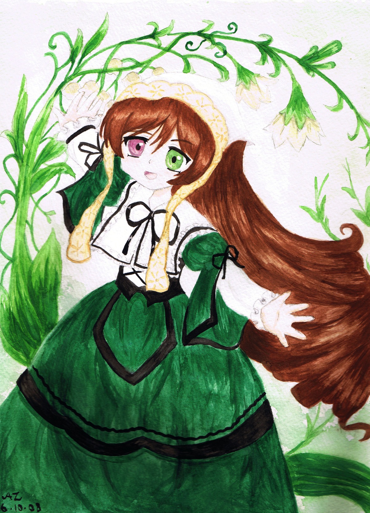 1girl brown_hair dress green_dress green_eyes head_scarf heterochromia image long_hair long_sleeves looking_at_viewer open_mouth plant red_eyes solo suiseiseki twintails very_long_hair