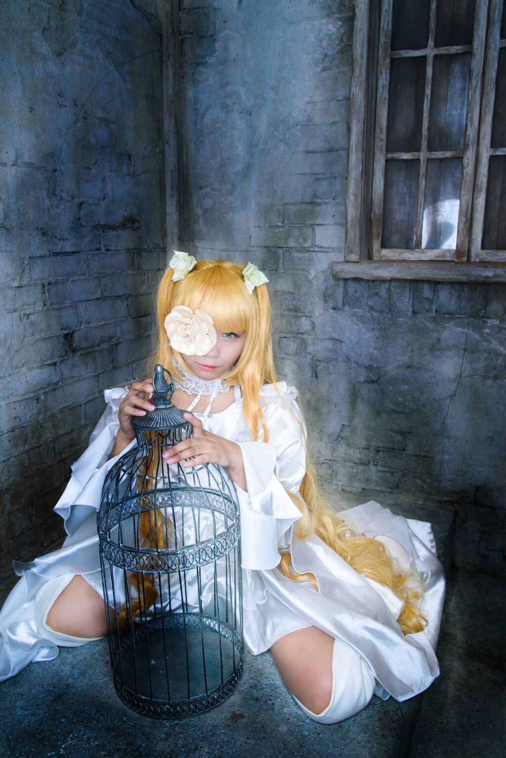 1girl blonde_hair cage choker dress flower hair_ornament instrument kirakishou lips long_hair sitting solo white_dress