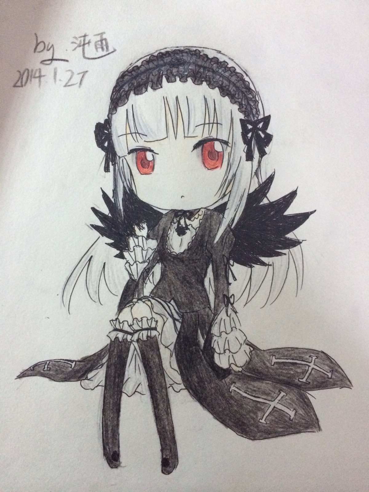 1girl bangs black_dress boots chibi closed_mouth dress frilled_legwear frilled_sleeves frills hairband image knee_boots long_hair long_sleeves looking_at_viewer red_eyes sitting solo suigintou traditional_media wings