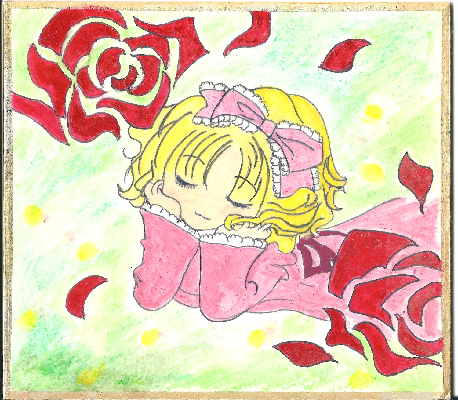 1girl blonde_hair bow closed_eyes flower hair_bow hinaichigo image leaf lying marker_(medium) petals pink_bow rose rose_petals sample shikishi sleeping smile solo traditional_media watercolor_(medium)