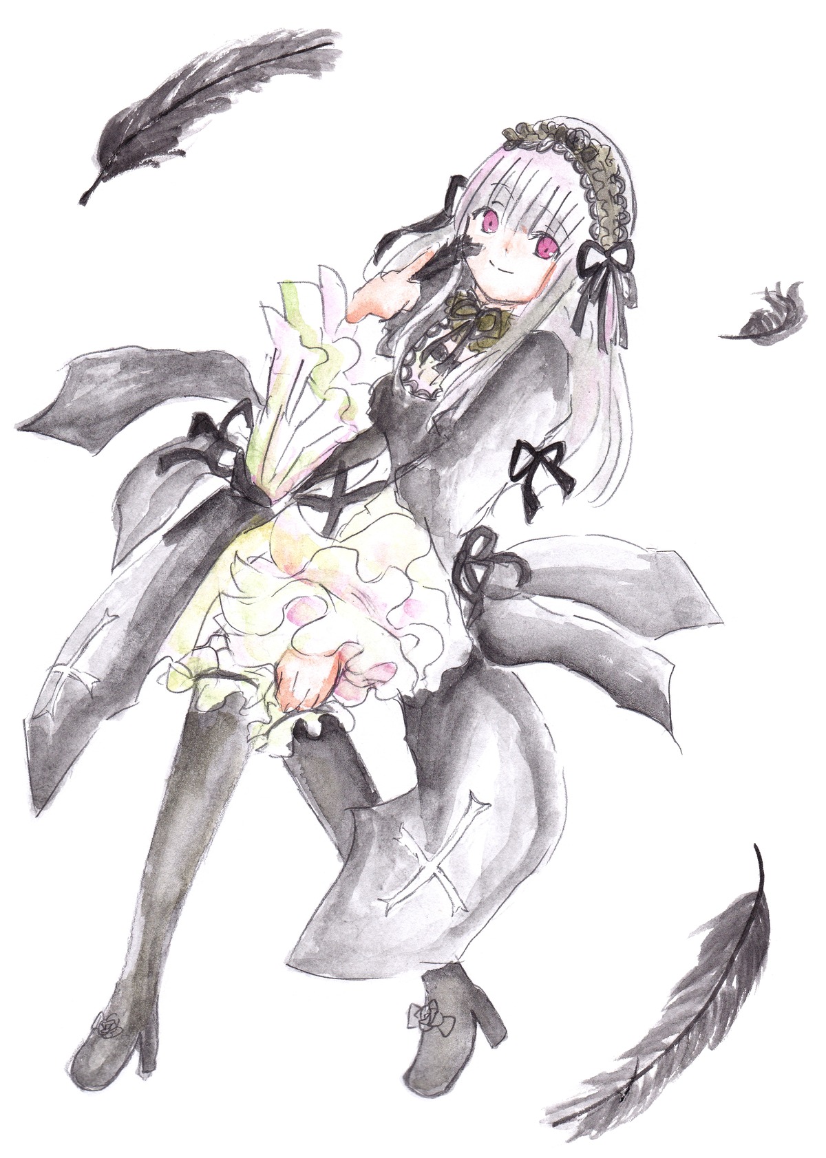 1girl bird black_feathers black_wings boots dress feathers flower frills full_body hairband image long_hair long_sleeves looking_at_viewer pink_eyes rose silver_hair sitting smile solo striped suigintou white_background wings