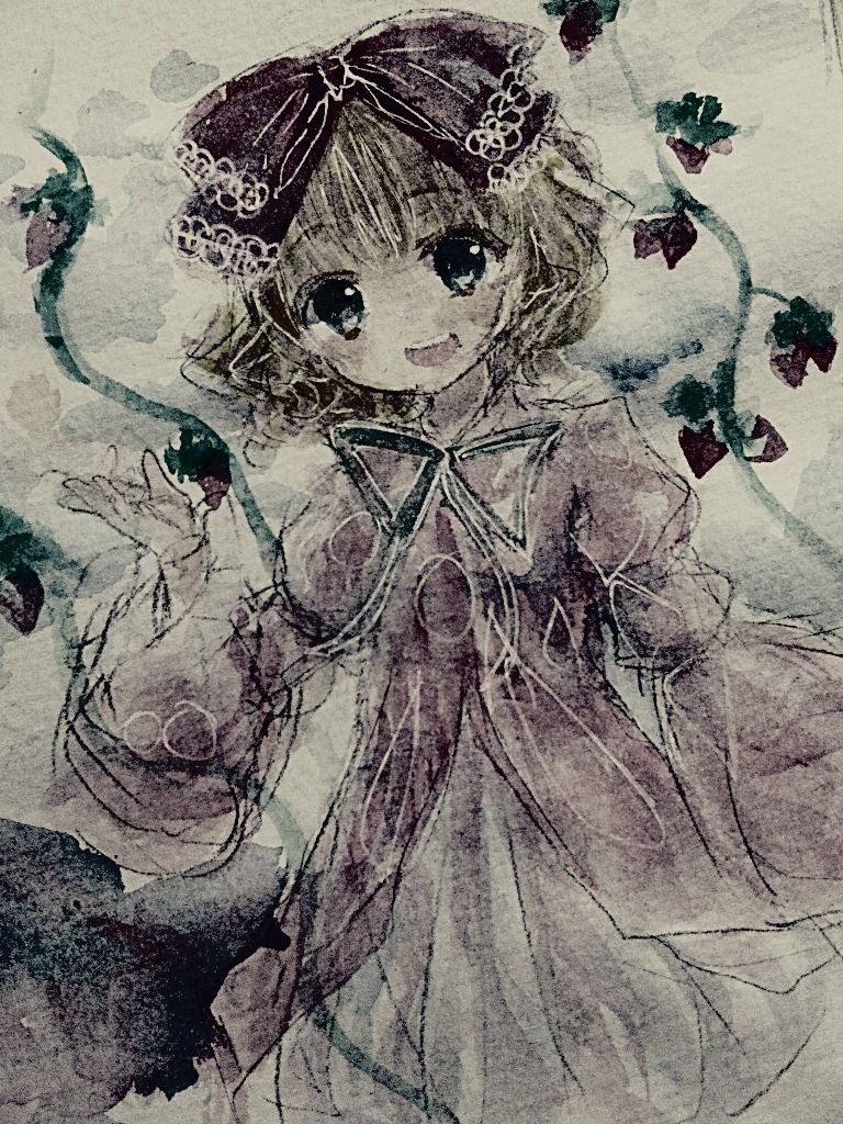 1girl bow bug butterfly dress flower hair_bow hair_ribbon hinaichigo image insect looking_at_viewer monochrome open_mouth puffy_sleeves ribbon short_hair smile solo traditional_media