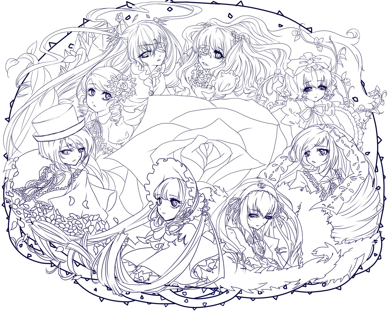 6+girls auto_tagged bonnet flower hair_flower hair_ornament hat image lineart long_hair looking_at_viewer monochrome multiple multiple_girls portrait rose short_hair simple_background smile suiseiseki tagme twintails
