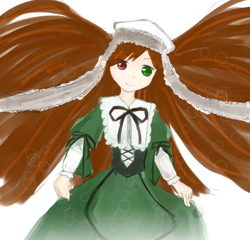 1girl auto_tagged brown_hair dress frills green_dress green_eyes heterochromia image long_hair long_sleeves looking_at_viewer red_eyes ribbon simple_background smile solo suiseiseki very_long_hair white_background