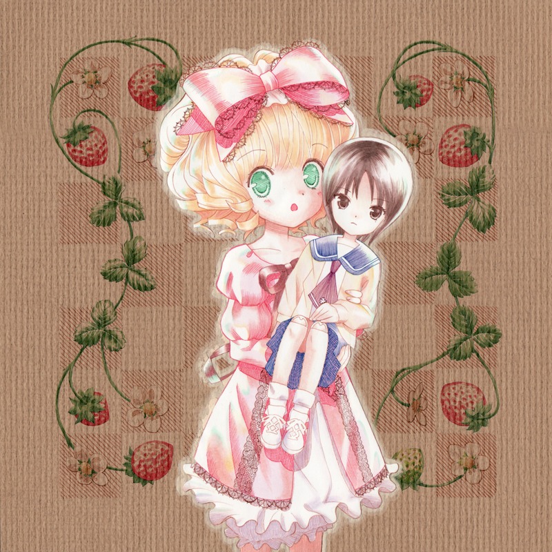 2girls apple blonde_hair bow dress frills fruit green_eyes hair_bow hina_ichigo hinaichigo image kashiwaba_tomoe leaf long_sleeves looking_at_viewer multiple_girls pink_bow plant school_uniform serafuku short_hair solo strawberry vines