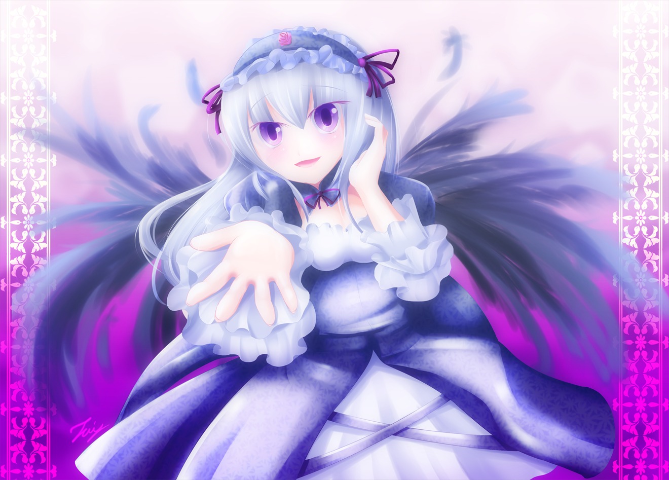 1girl black_wings detached_collar dress feathers frilled_sleeves frills hairband image lolita_hairband long_hair long_sleeves looking_at_viewer open_mouth outstretched_hand purple_eyes ribbon silver_hair smile solo suigintou very_long_hair wings