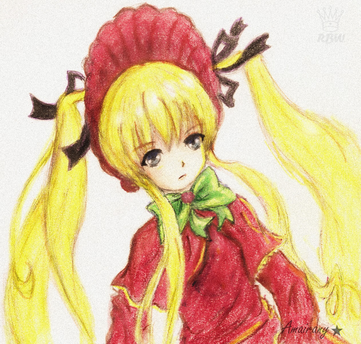 1girl blonde_hair blue_eyes bonnet bow bowtie dress green_bow green_neckwear image long_hair long_sleeves looking_at_viewer marker_(medium) red_capelet red_dress shinku sidelocks simple_background solo traditional_media twintails upper_body very_long_hair white_background