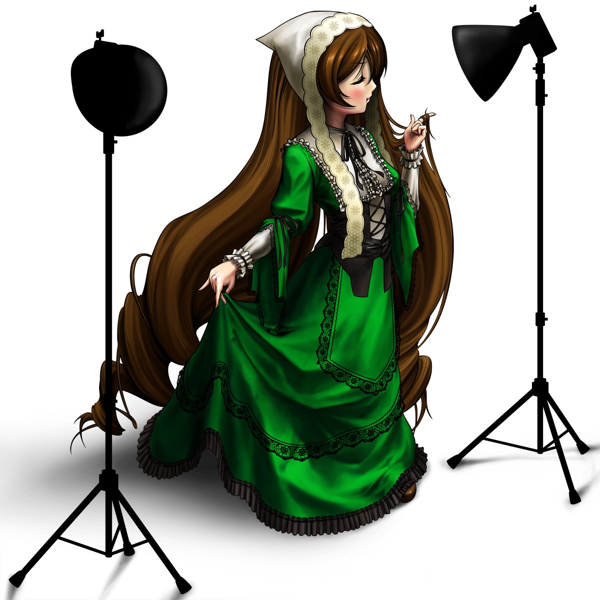 1girl blush brown_hair closed_eyes commentary_request dress drill_hair full_body green_dress highres image lights long_hair long_sleeves md5_mismatch nobuya photoshop_(medium) resolution_mismatch rozen_maiden silhouette solo source_larger suiseiseki very_long_hair white_background