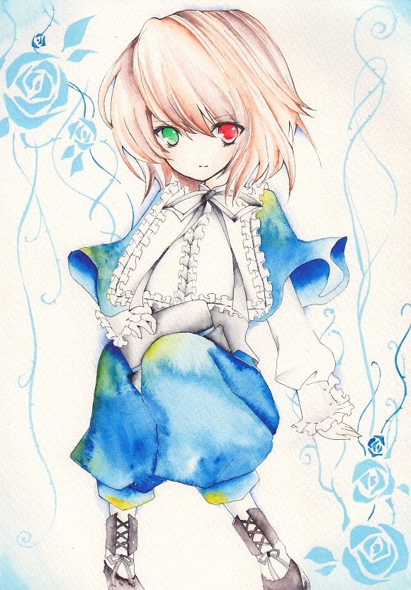 1girl blonde_hair blue_flower blue_rose flower green_eyes heterochromia image long_sleeves red_eyes rose short_hair smile solo souseiseki traditional_media watercolor_(medium)