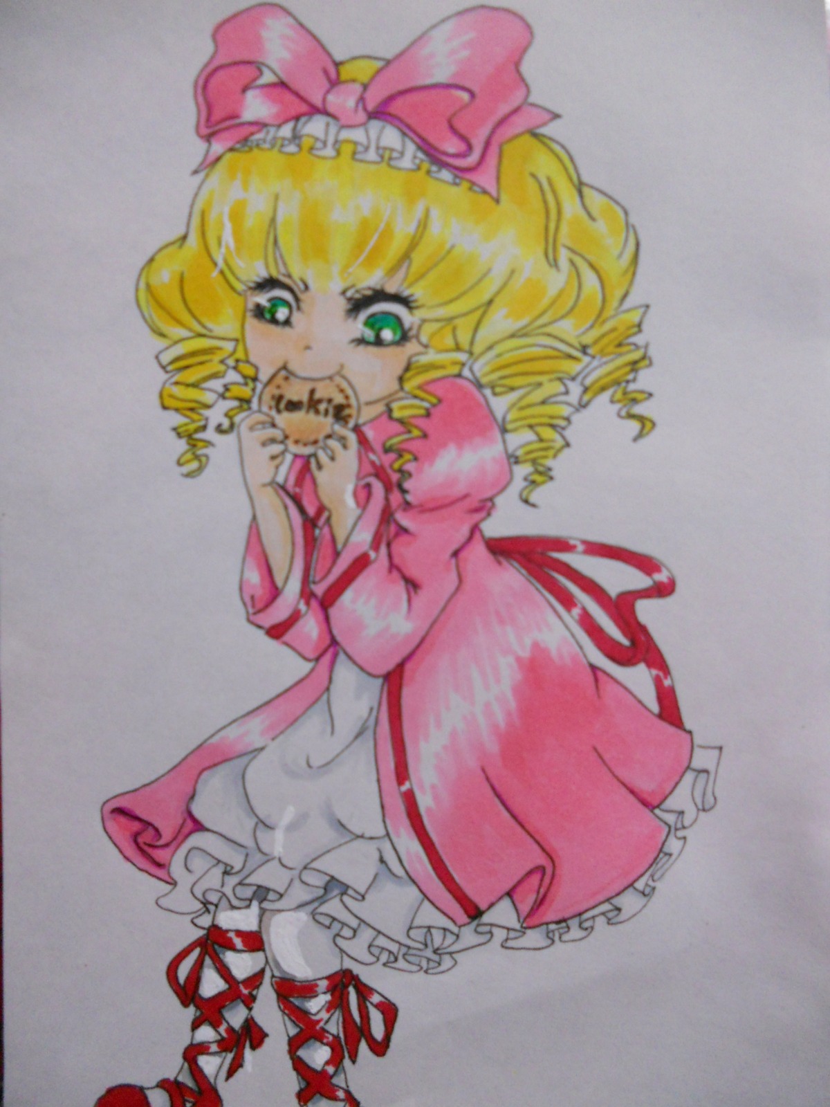 1girl blonde_hair bow dress drill_hair eating food frills green_eyes hair_bow hina_ichigo hinaichigo image juliet_sleeves long_sleeves pink_bow pink_dress pink_footwear solo traditional_media