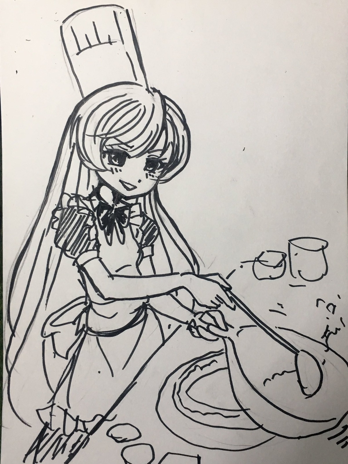 1girl apron cup image long_hair monochrome open_mouth photo smile solo suiseiseki teacup teapot tears traditional_media