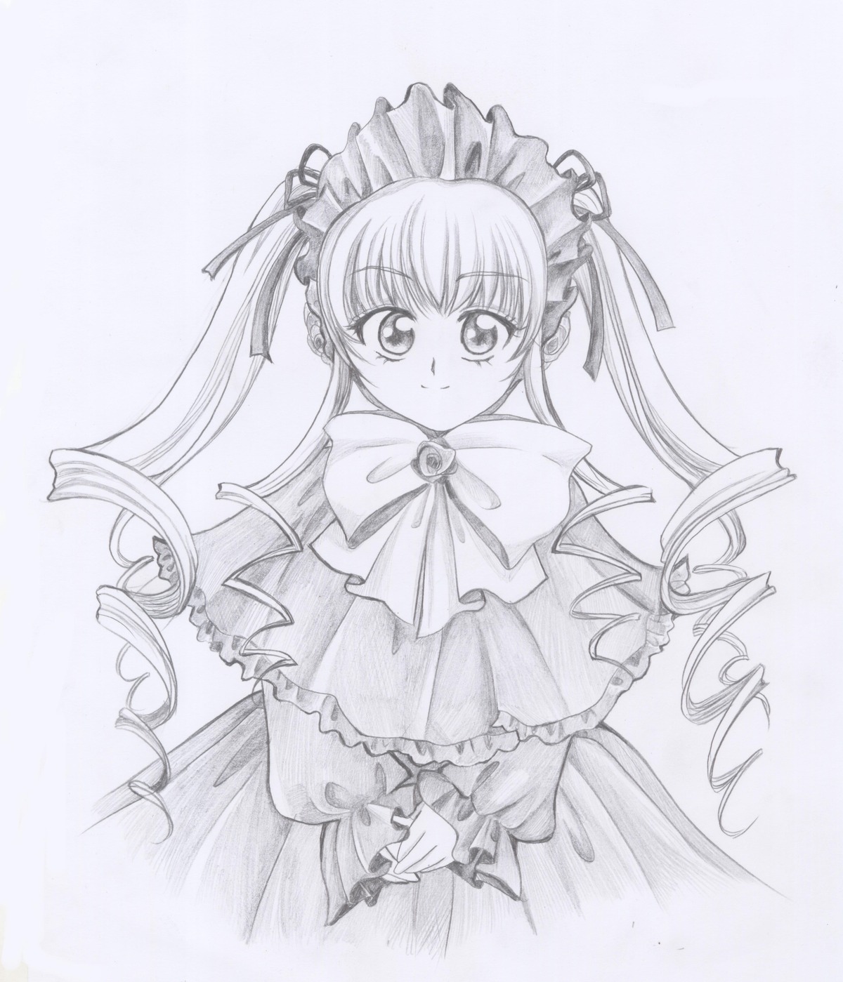 1girl blush bow bowtie capelet dress drill_hair frills full_body image long_hair long_sleeves looking_at_viewer monochrome shinku smile solo standing twin_drills twintails