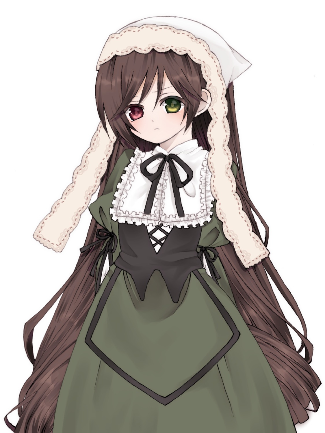 1girl black_ribbon blush brown_hair dress frills green_dress green_eyes heterochromia image long_hair long_sleeves looking_at_viewer red_eyes ribbon simple_background solo suiseiseki very_long_hair white_background