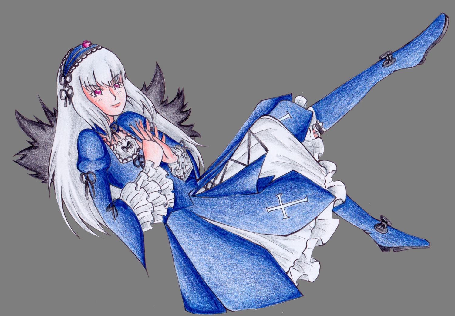 1girl boots dress frills full_body hairband high_heels image long_hair long_sleeves pink_eyes puffy_sleeves solo suigintou wings