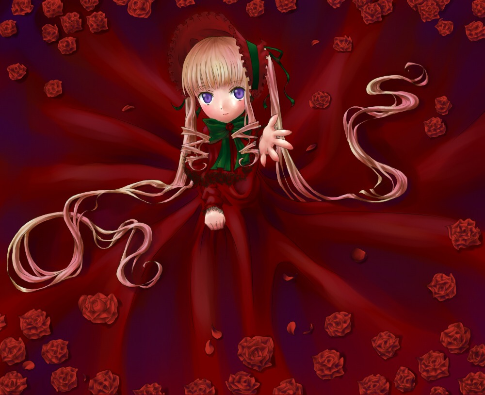 1girl blonde_hair dress flower green_bow image long_hair long_sleeves looking_at_viewer petals pink_flower pink_rose red_dress red_flower red_rose red_theme rose rose_petals shinku solo twintails very_long_hair white_rose