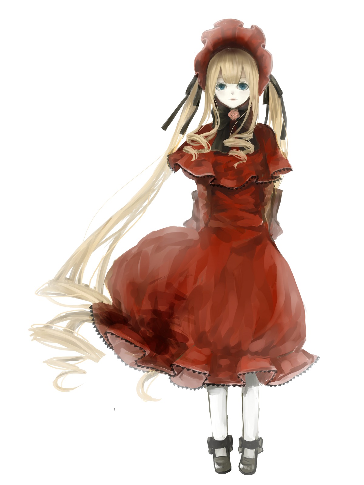 1girl auto_tagged blonde_hair blue_eyes bonnet bow dress flower full_body image long_hair long_sleeves looking_at_viewer red_dress rose shinku shoes solo standing twintails very_long_hair white_background white_legwear