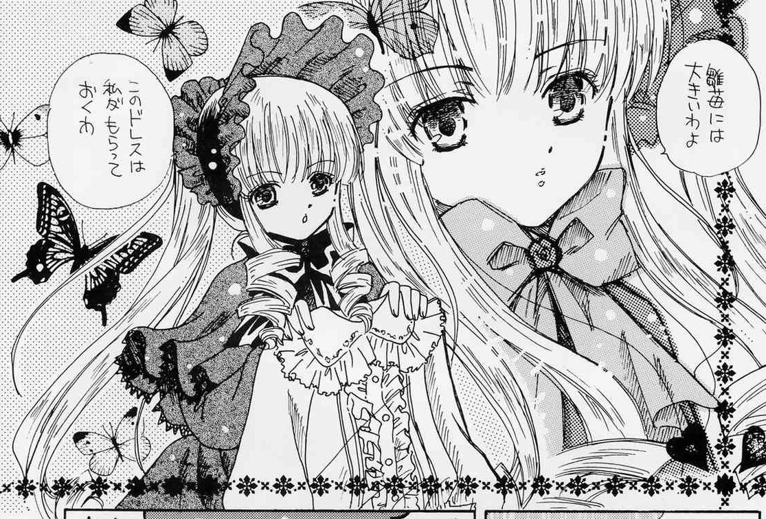 2girls blue_butterfly bonnet bug butterfly dress drill_hair greyscale image insect long_hair long_sleeves looking_at_viewer monochrome multiple_girls shinku solo