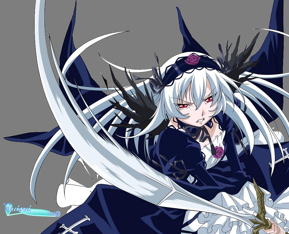 1girl black_wings dress flower frills hairband lolita_hairband long_hair long_sleeves looking_at_viewer red_eyes silver_hair solo suigintou twitter_username weapon wings