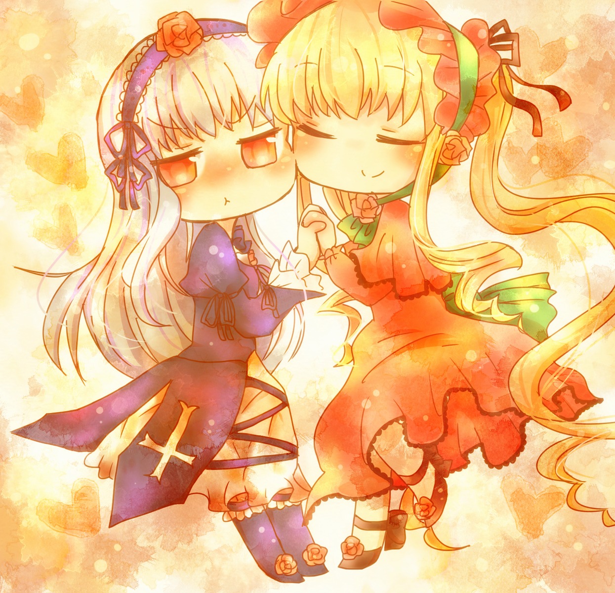 2girls blonde_hair blush bow closed_eyes dress flower hairband heart holding_hands image long_hair multiple_girls pair rose shinku smile suigintou wings yuri