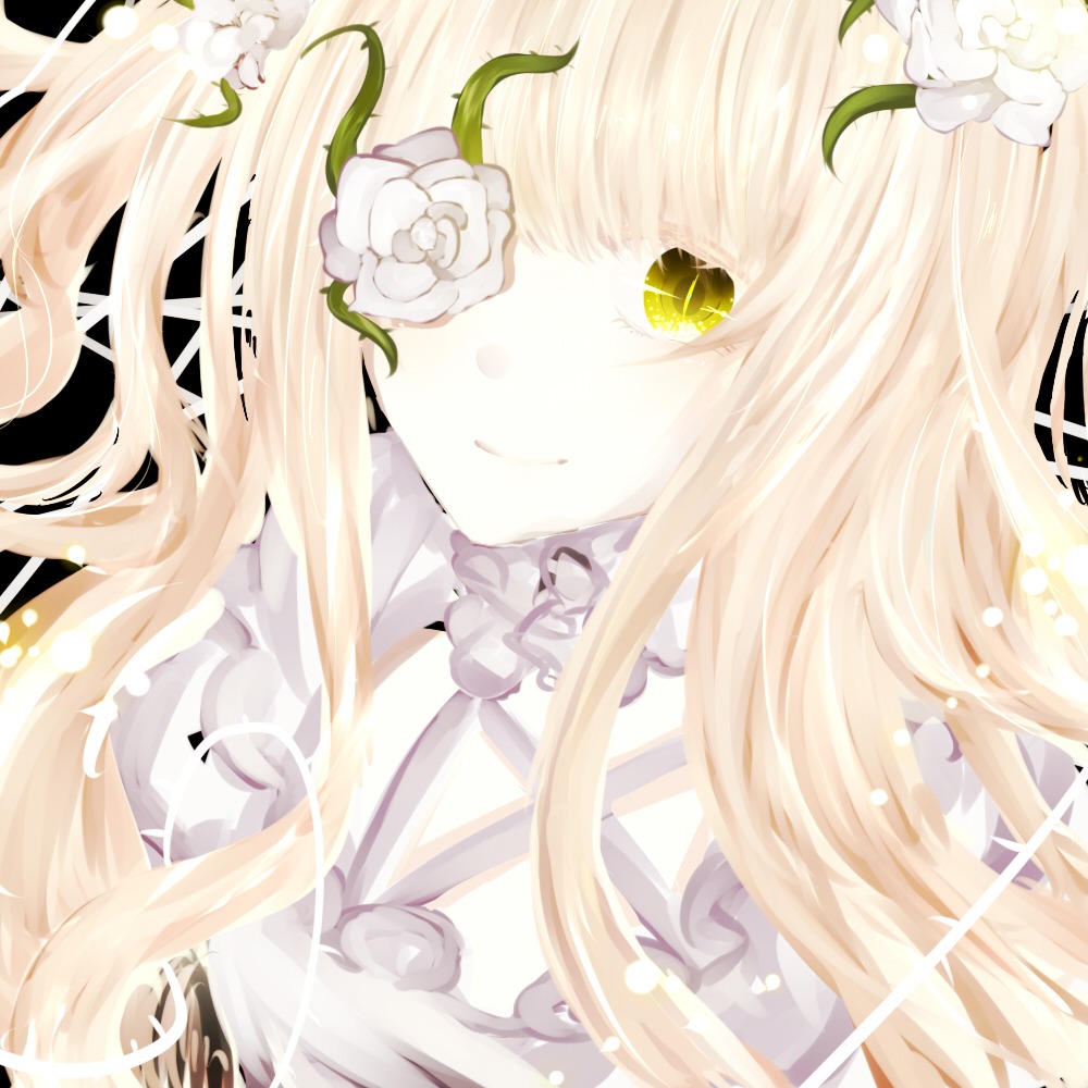 1girl bangs blonde_hair closed_mouth flower hair_ornament image kirakishou lily_(flower) long_hair looking_at_viewer rose smile solo white_flower white_rose yellow_eyes