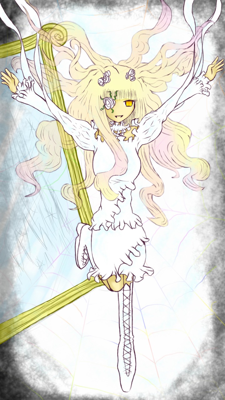 1girl blonde_hair dress flower image kirakishou long_hair monster_girl pink_hair solo very_long_hair yellow_eyes