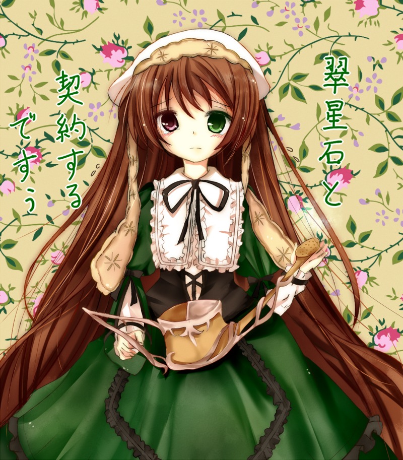 1girl brown_hair dress flower frills green_dress green_eyes hat head_scarf heterochromia image long_hair long_sleeves looking_at_viewer red_eyes solo suiseiseki very_long_hair watering_can