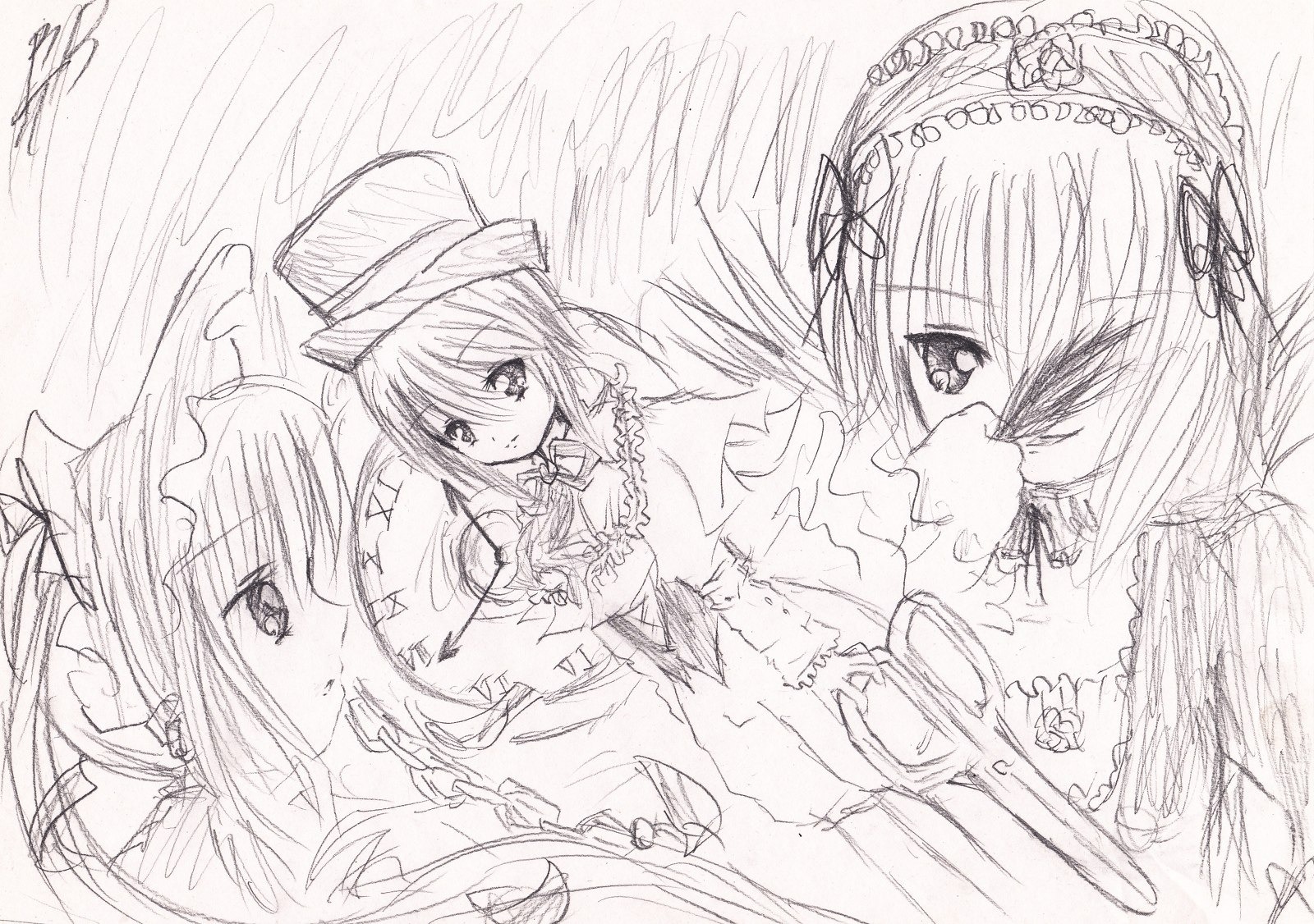 greyscale hat image looking_at_viewer monochrome multiple multiple_girls sisters sketch suigintou tagme wings