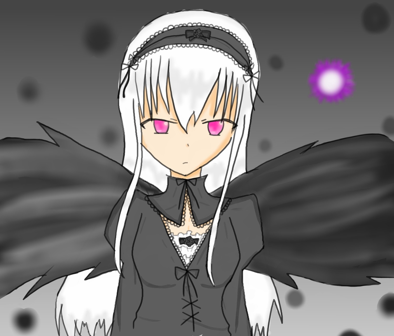 1girl black_dress black_wings detached_collar dress expressionless feathered_wings flower frills grey_background hairband image long_hair long_sleeves looking_at_viewer pink_eyes ribbon silver_hair solo suigintou upper_body wings