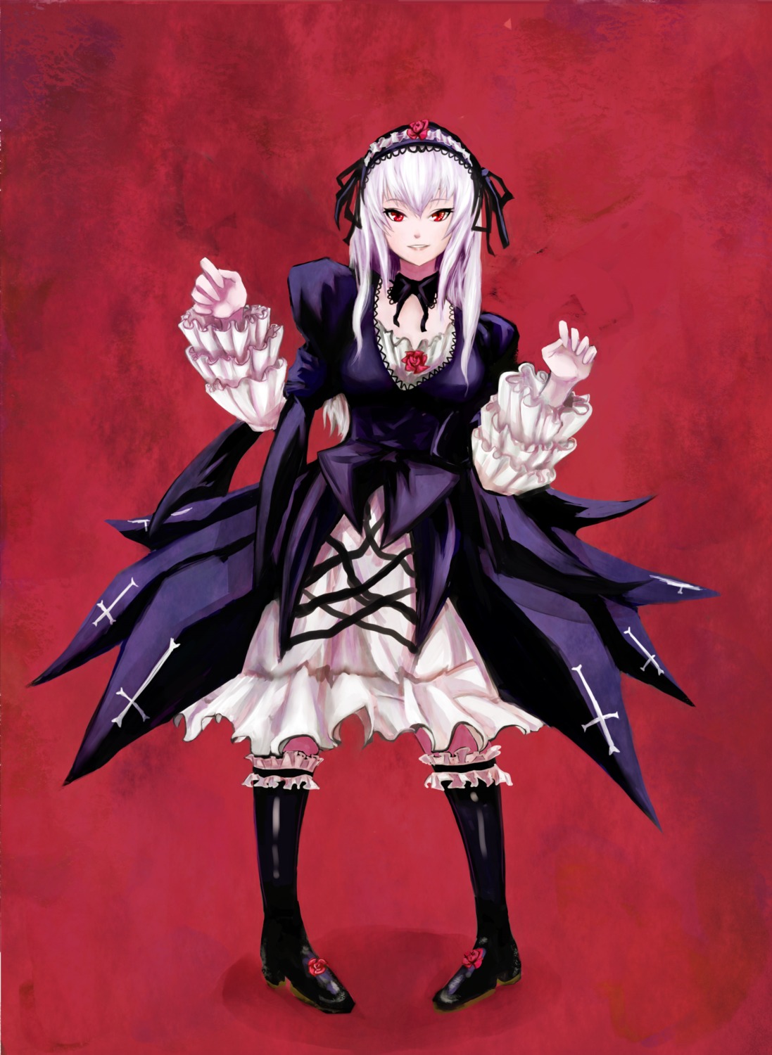 1girl auto_tagged boots dress flower frills full_body gothic_lolita hairband image lolita_fashion long_hair long_sleeves looking_at_viewer red_eyes rose smile solo standing suigintou wings