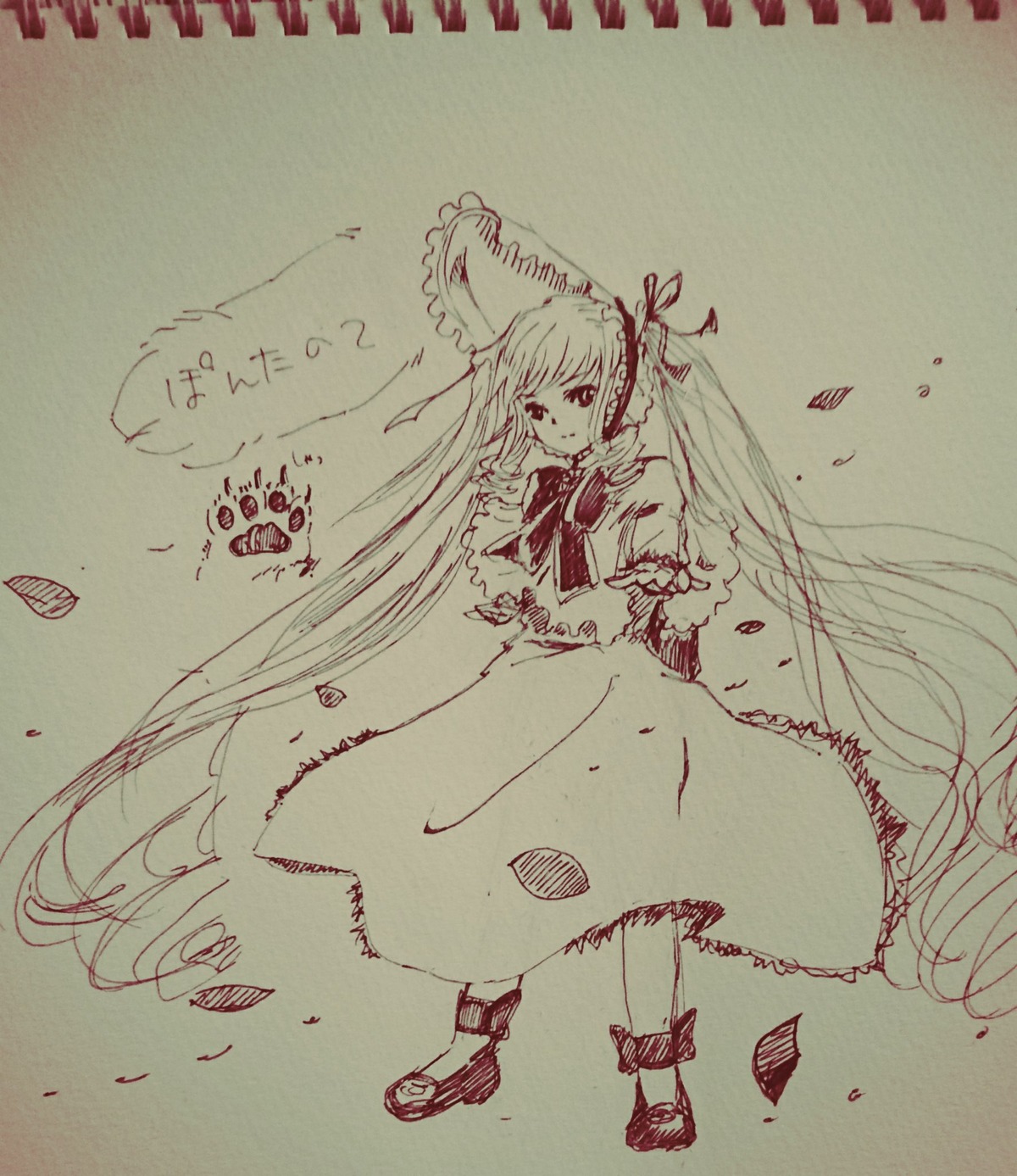 1girl bow dress frills hatsune_miku image long_hair monochrome photo ribbon shinku solo traditional_media twintails very_long_hair