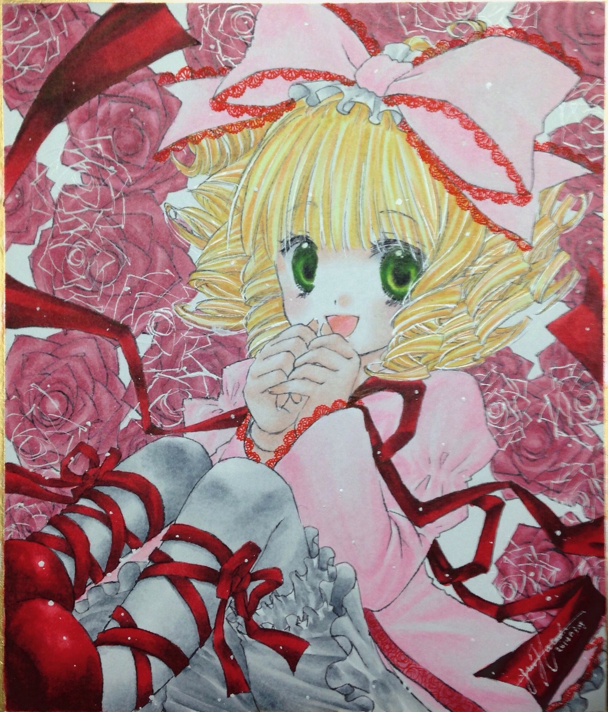 1girl blonde_hair flower frills green_eyes hina_ichigo hinaichigo image lying marker_(medium) open_mouth pink_bow pink_rose red_flower red_rose ribbon rose shikishi short_hair smile solo traditional_media watercolor_(medium)