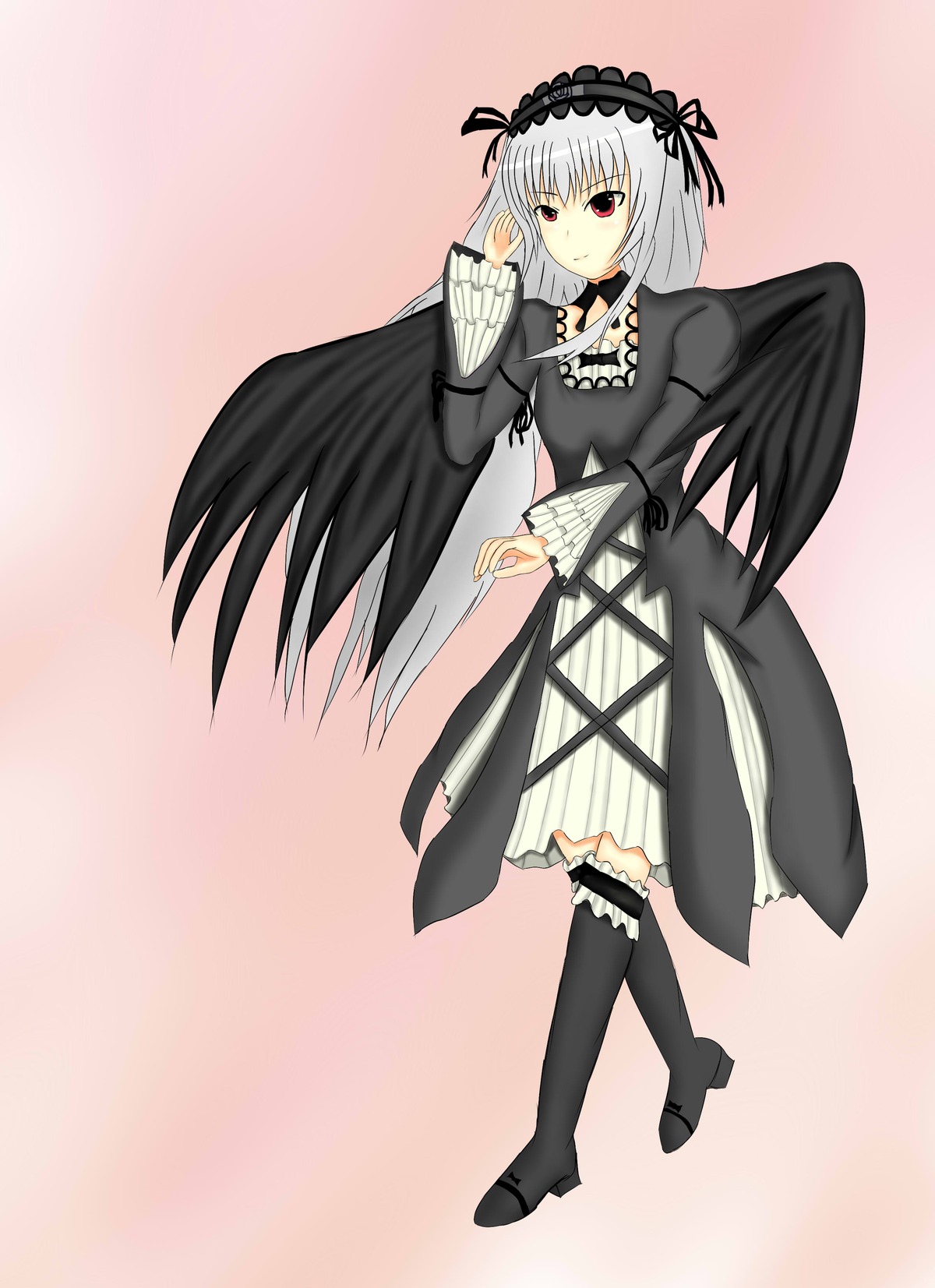 1girl black_dress black_footwear black_ribbon black_wings boots dress frills full_body gradient gradient_background hairband image long_hair long_sleeves looking_at_viewer pink_background red_eyes ribbon silver_hair solo standing suigintou wings