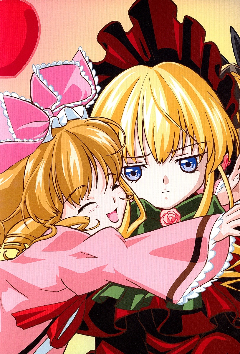 2girls :d blonde_hair blue_eyes bow closed_eyes frills hina_ichigo hinaichigo hug image long_hair long_sleeves multiple_girls open_mouth pair pink_bow rose shinku smile