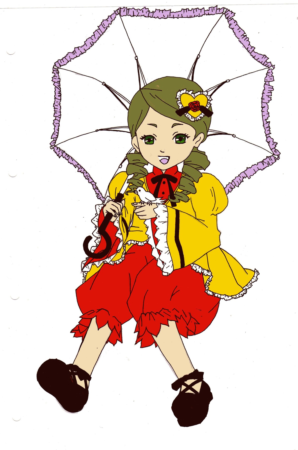 1girl bloomers bow drill_hair frills full_body green_eyes green_hair hair_ornament holding holding_umbrella image kanaria long_sleeves open_mouth parasol puffy_pants rain red_umbrella shared_umbrella solo transparent transparent_umbrella twin_drills umbrella underwear white_background