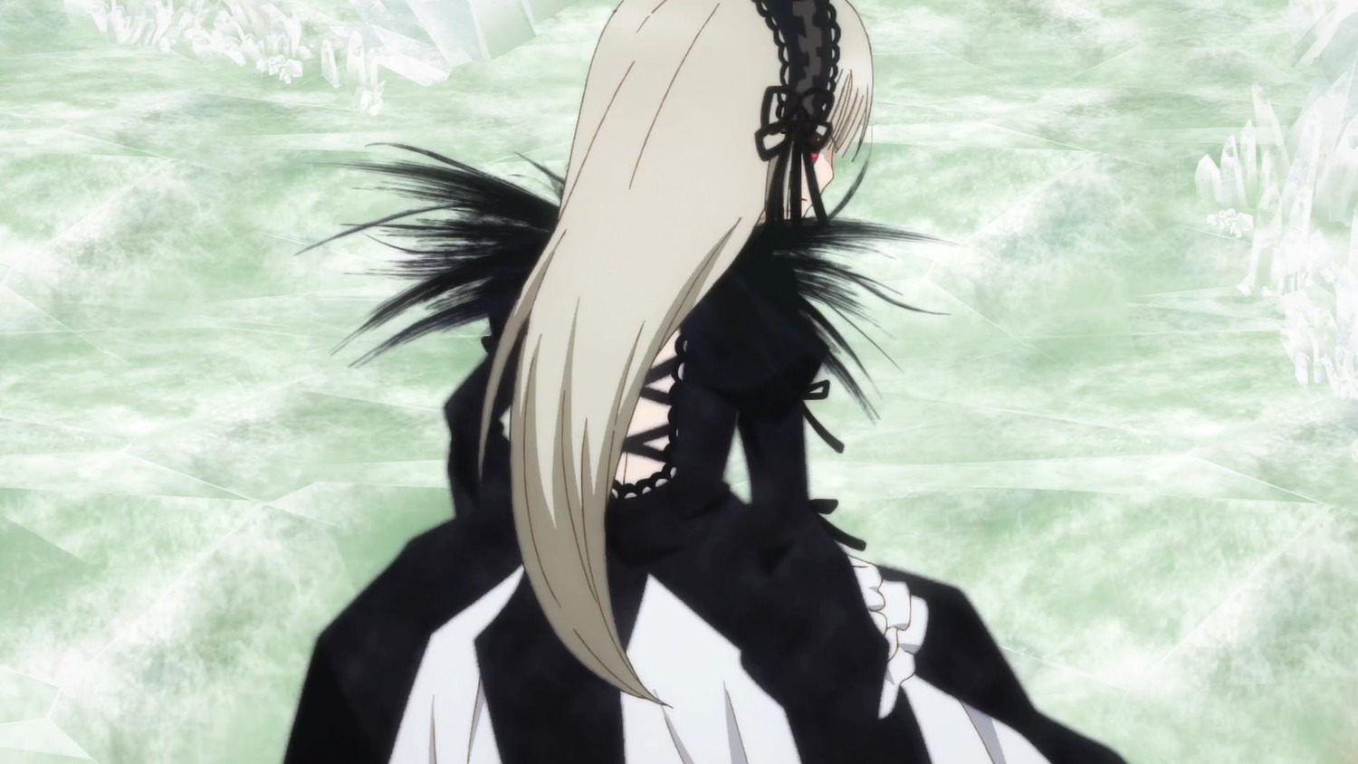 1girl black_dress black_ribbon dress frills hairband image juliet_sleeves long_hair long_sleeves puffy_sleeves ribbon solo standing suigintou wings