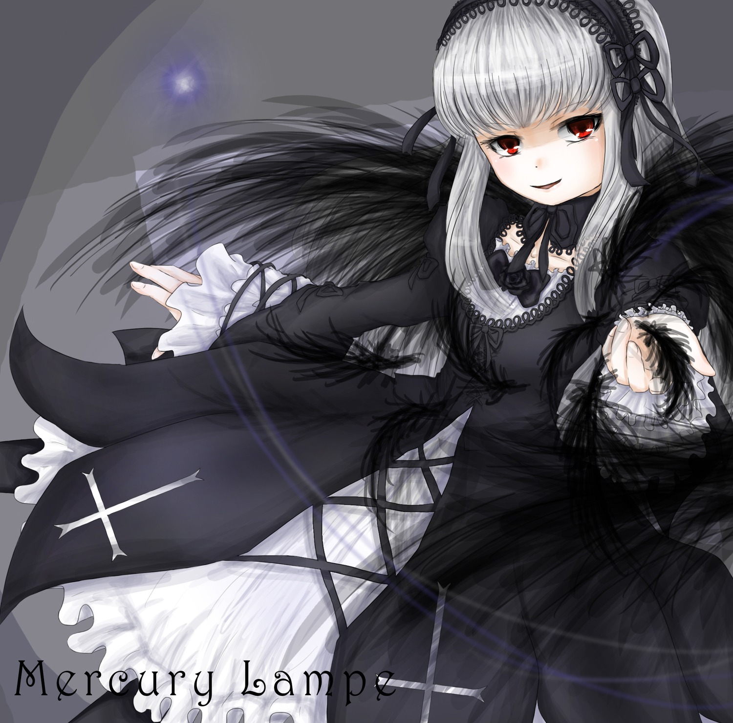1girl auto_tagged bangs black_dress dress frills grey_background image long_hair long_sleeves looking_at_viewer red_eyes rose silver_hair solo suigintou wings