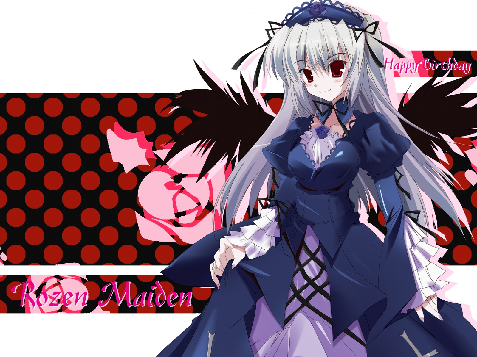 1girl bangs black_wings detached_collar dress frills hairband halftone happy_birthday_(artist) highres image juliet_sleeves long_hair long_sleeves looking_at_viewer photoshop_(medium) polka_dot polka_dot_background puffy_sleeves red_eyes rose rozen_maiden silver_hair smile solo suigintou wings