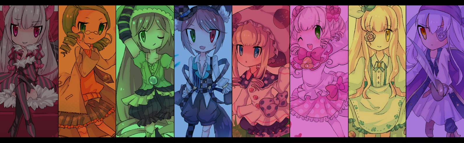 6+girls blonde_hair blue_eyes bow dress gloves green_eyes hair_ornament hat image letterboxed long_hair multiple multiple_girls one_eye_closed purple_eyes short_hair smile tagme yellow_eyes