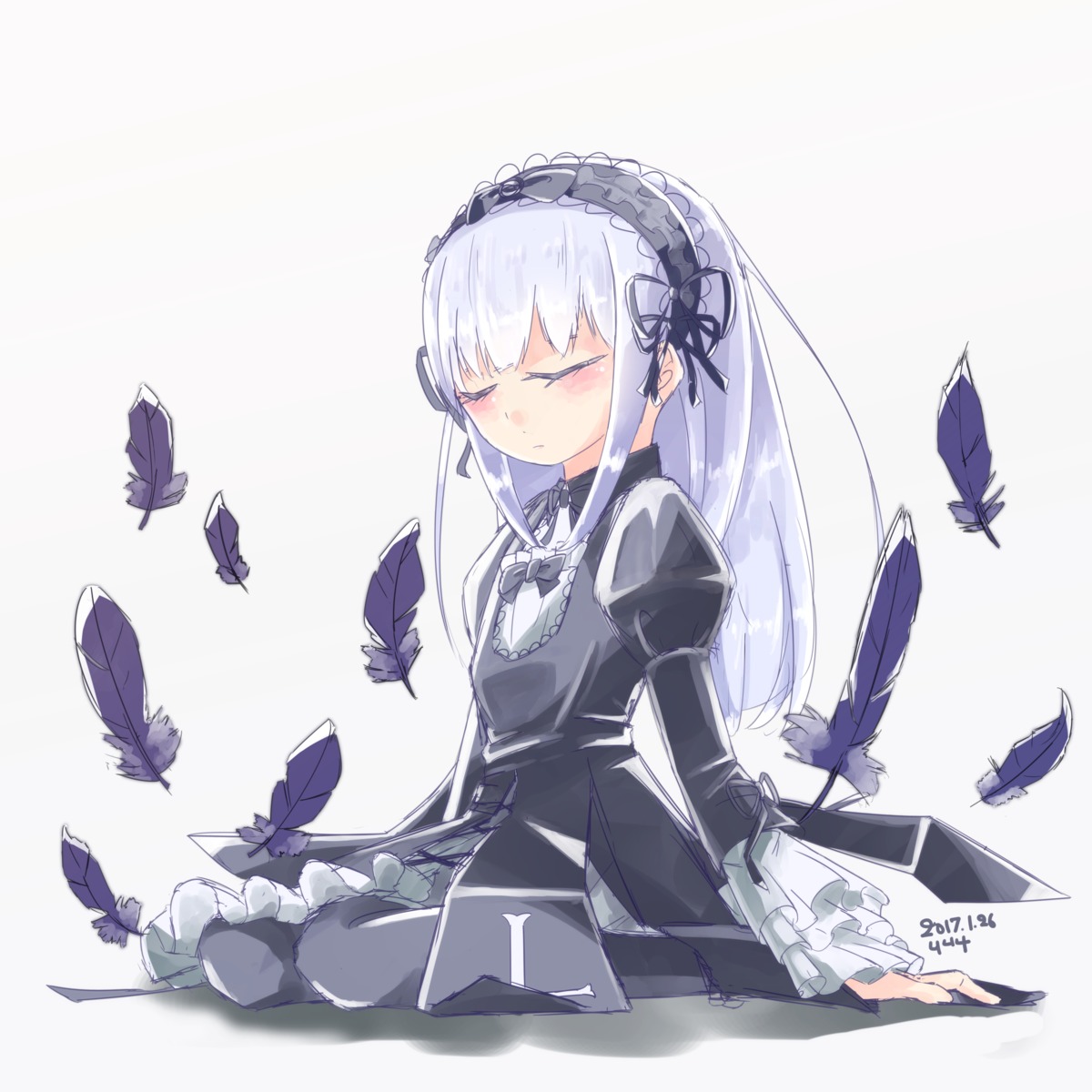 1girl bangs black_feathers blush closed_eyes closed_mouth dress eyebrows_visible_through_hair feathers frills hairband image long_hair long_sleeves ribbon silver_hair sitting solo suigintou