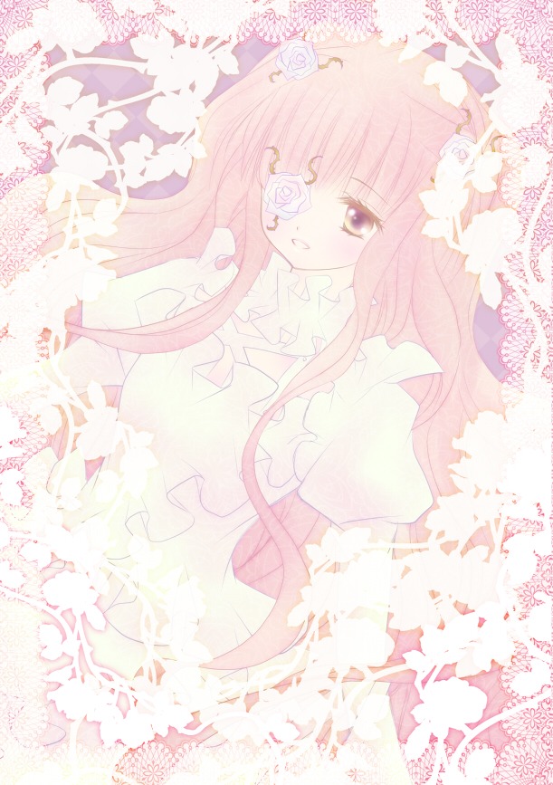 1girl auto_tagged bangs blush dress flower frills image kirakishou long_hair pink_hair purple_eyes rose solo striped white_flower white_rose