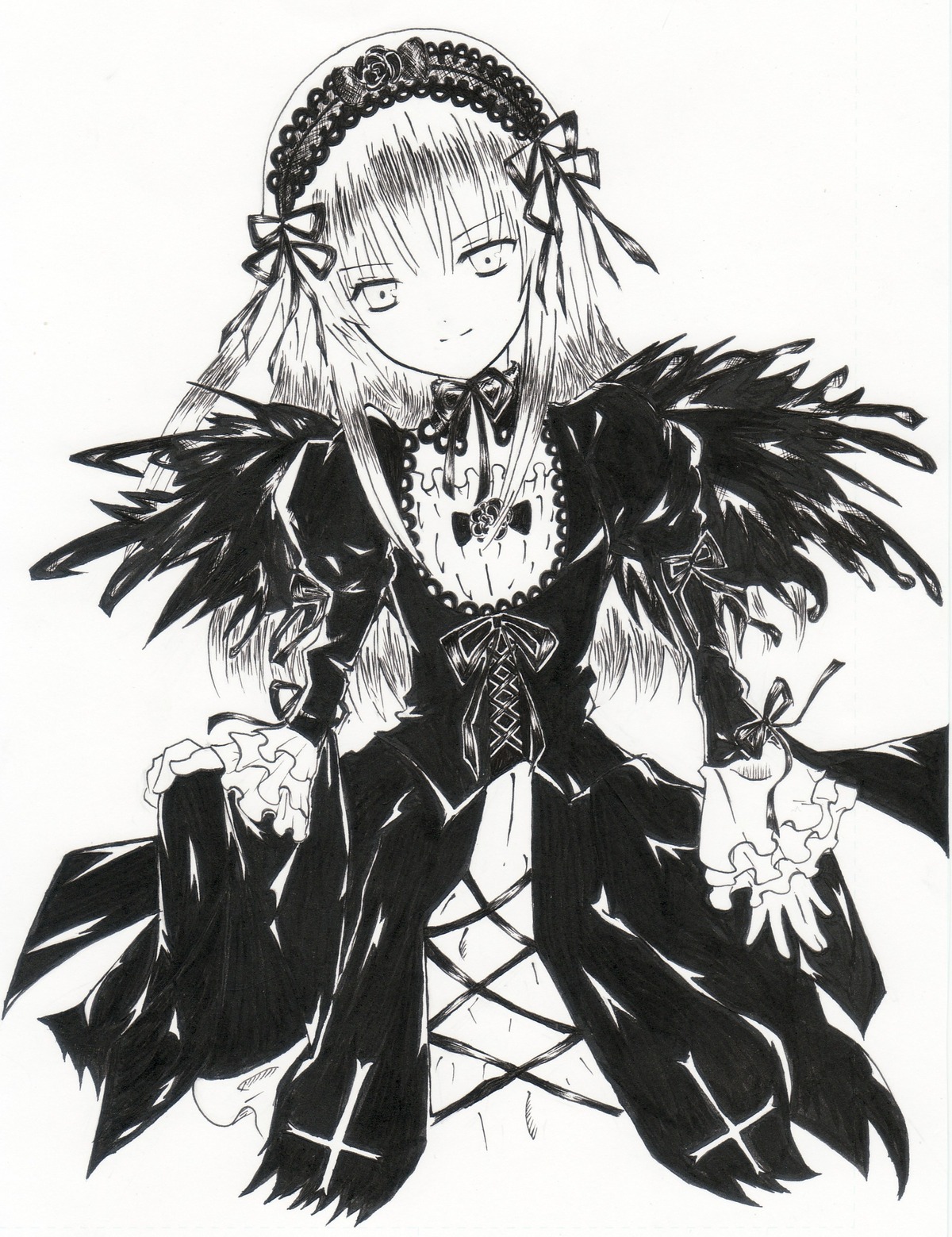 1girl closed_mouth dress frills greyscale hairband image long_hair long_sleeves looking_at_viewer monochrome ribbon solo suigintou traditional_media wings