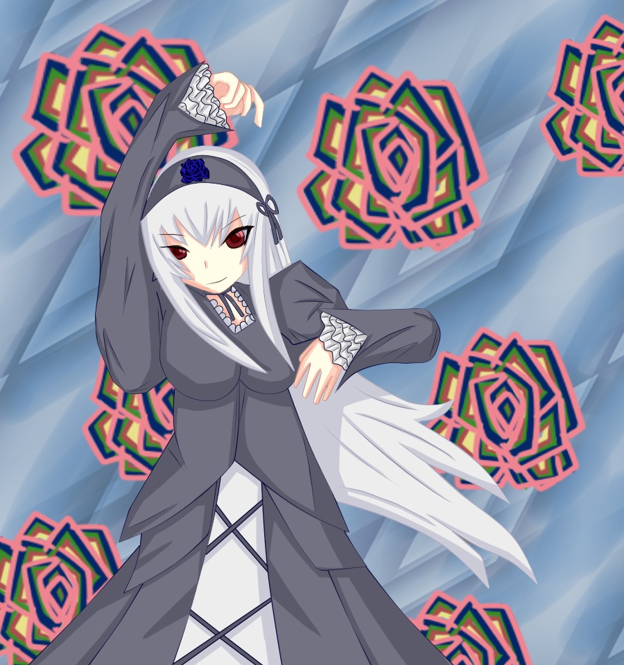 1girl bangs black_dress breasts closed_mouth dress eyebrows_visible_through_hair flower frilled_sleeves frills hairband image juliet_sleeves long_hair long_sleeves looking_at_viewer parody puffy_sleeves red_eyes ribbon rose silver_hair smile solo suigintou wide_sleeves wings