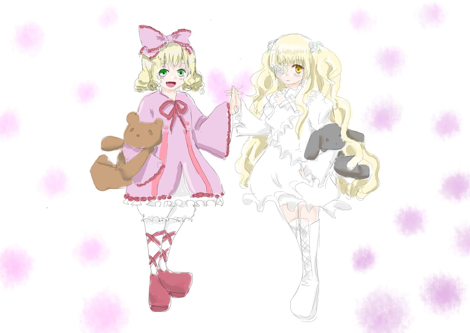 2girls blonde_hair boots bow cross-laced_footwear dress frills green_eyes hair_bow hina_ichigo hinaichigo holding_hands image kirakishou knee_boots long_hair multiple_girls open_mouth pair pink_bow pink_dress short_hair smile stuffed_animal teddy_bear wavy_hair yellow_eyes