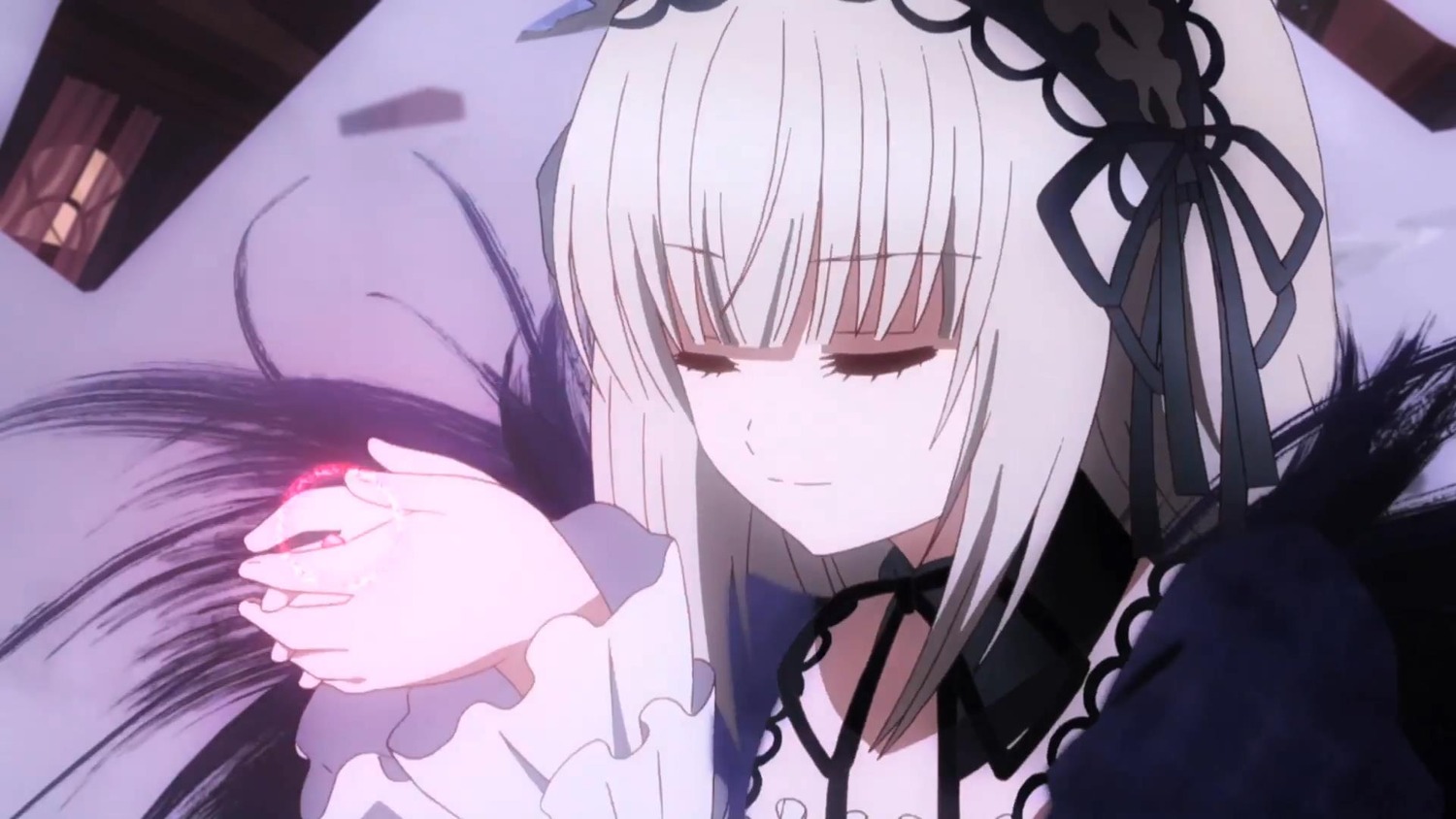 1girl black_ribbon black_wings closed_eyes closed_mouth dress frilled_sleeves frills hairband image long_hair long_sleeves ribbon silver_hair sleeping solo suigintou wings