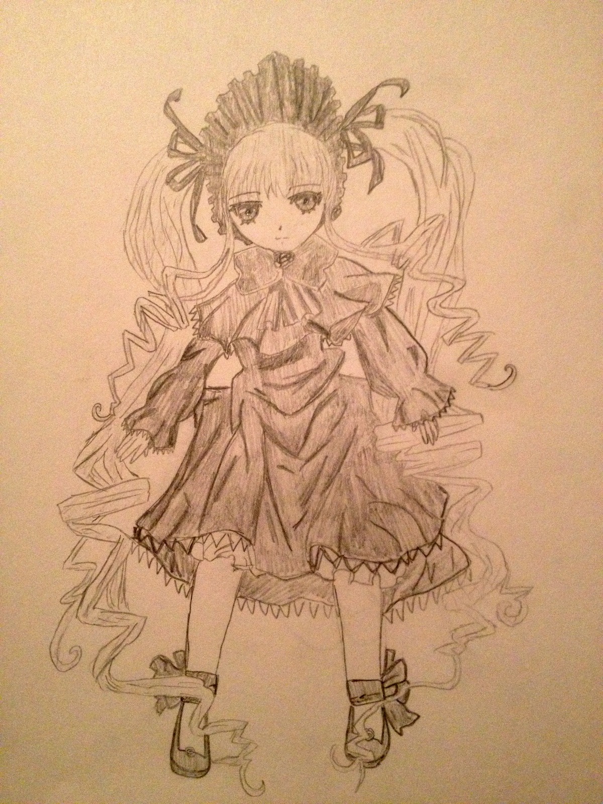 1girl dress drill_hair full_body image long_hair monochrome shinku smile solo standing traditional_media very_long_hair