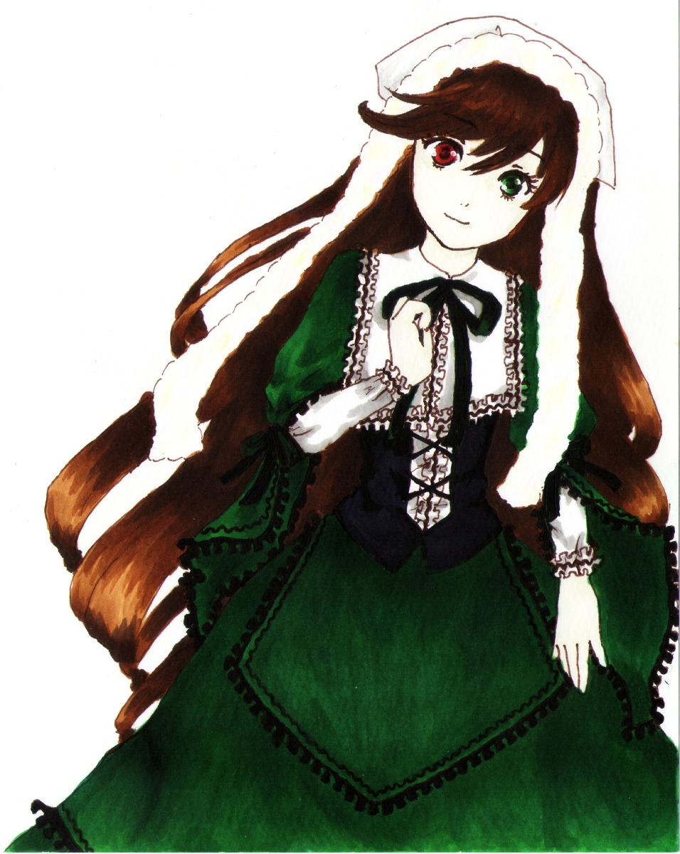 1girl bangs black_ribbon brown_hair dress frills green_dress green_eyes heterochromia image long_hair long_sleeves looking_at_viewer red_eyes ribbon simple_background smile solo suiseiseki very_long_hair white_background